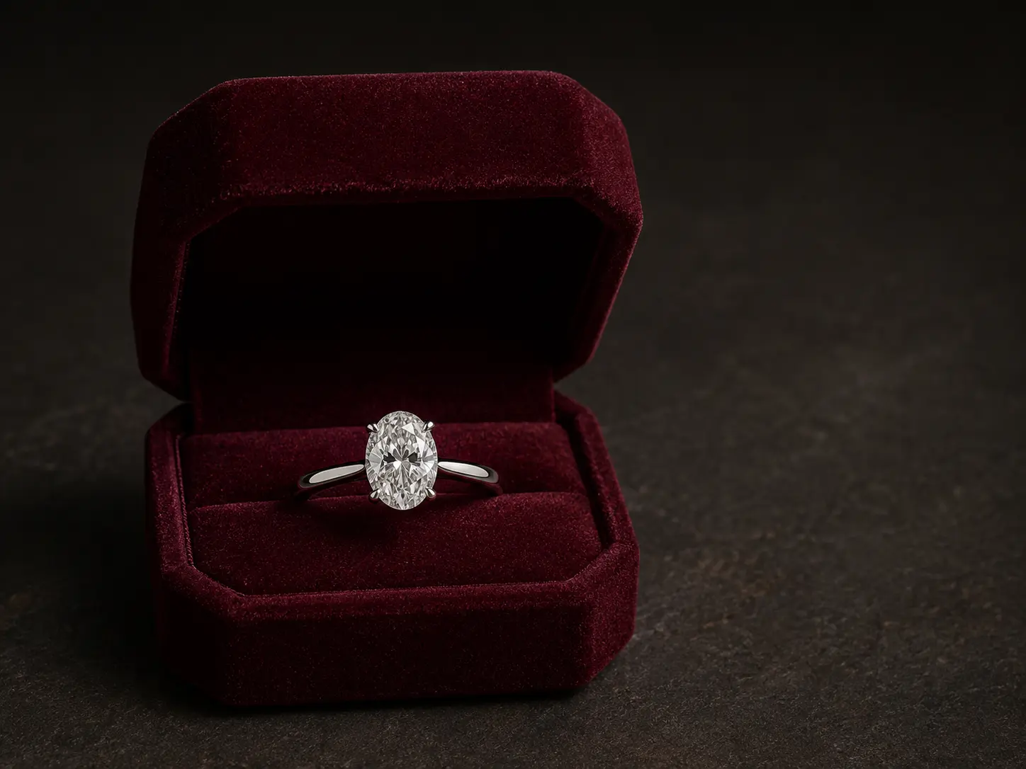 Verlobungsring mit ovalem Diamanten in burgunderroter Ringbox