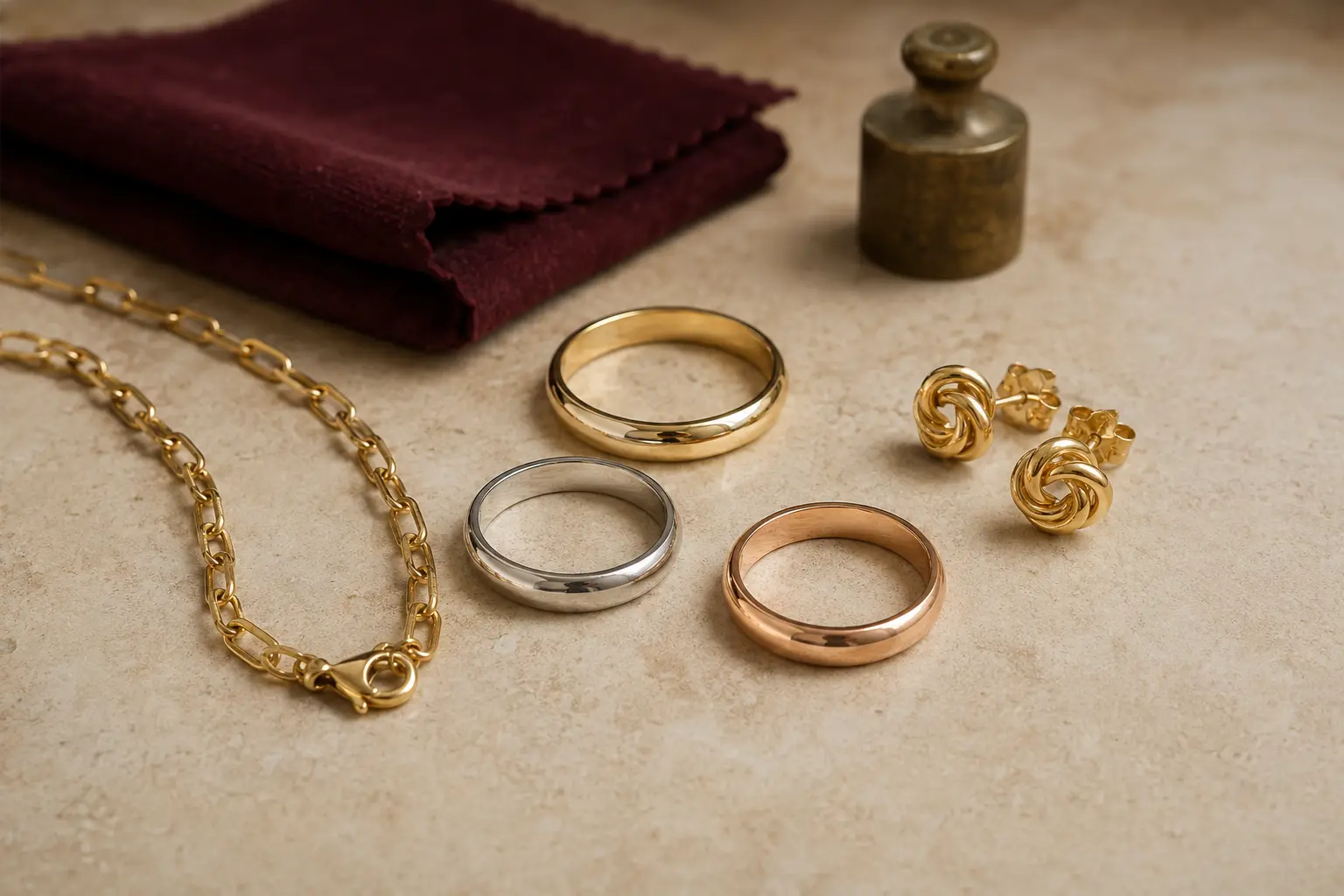 Schmuckstücke aus Gelbgold, Weißgold und Roségold zur Erklärung verschiedener Goldlegierungen