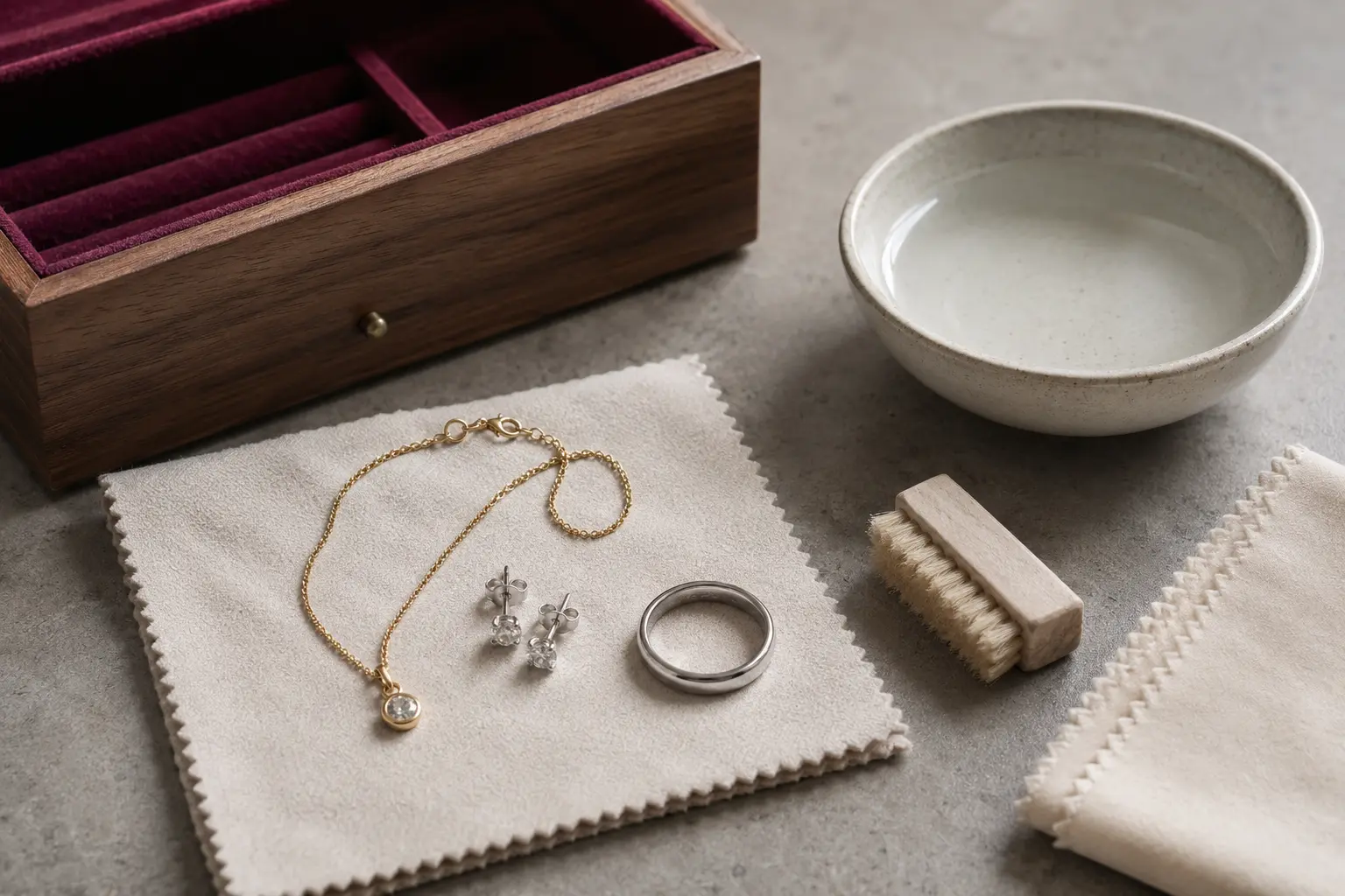 Gold- und Weißgoldschmuck mit weichem Tuch, sanfter Bürste und klarem Wasser zur schonenden Pflege