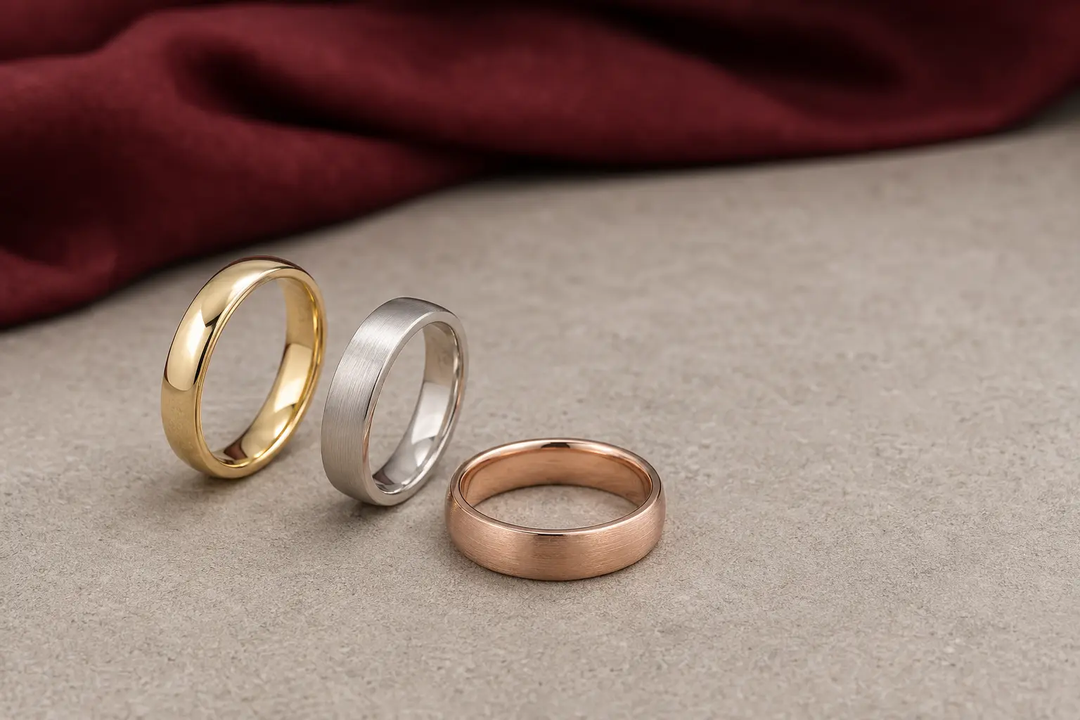 Trauringe in Gelbgold, Weißgold und Roségold mit unterschiedlichen Oberflächen im Vergleich