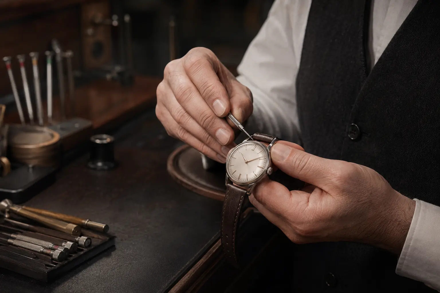 Uhrmacher prüft eine elegante Armbanduhr in der Werkstatt von Juwelier EGGER