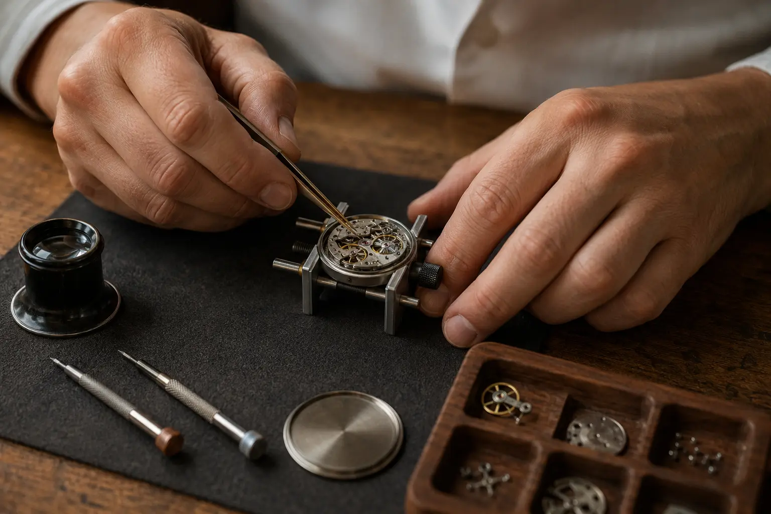Uhrmacher bei der Reparatur eines mechanischen Uhrwerks