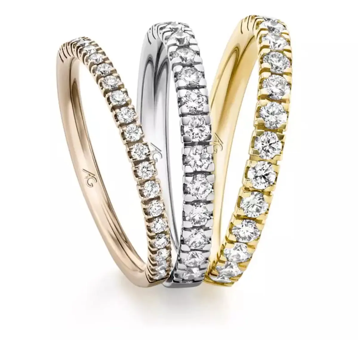 Drei Memoire-Ringe von Gerstner in Roségold, Weißgold und Gelbgold