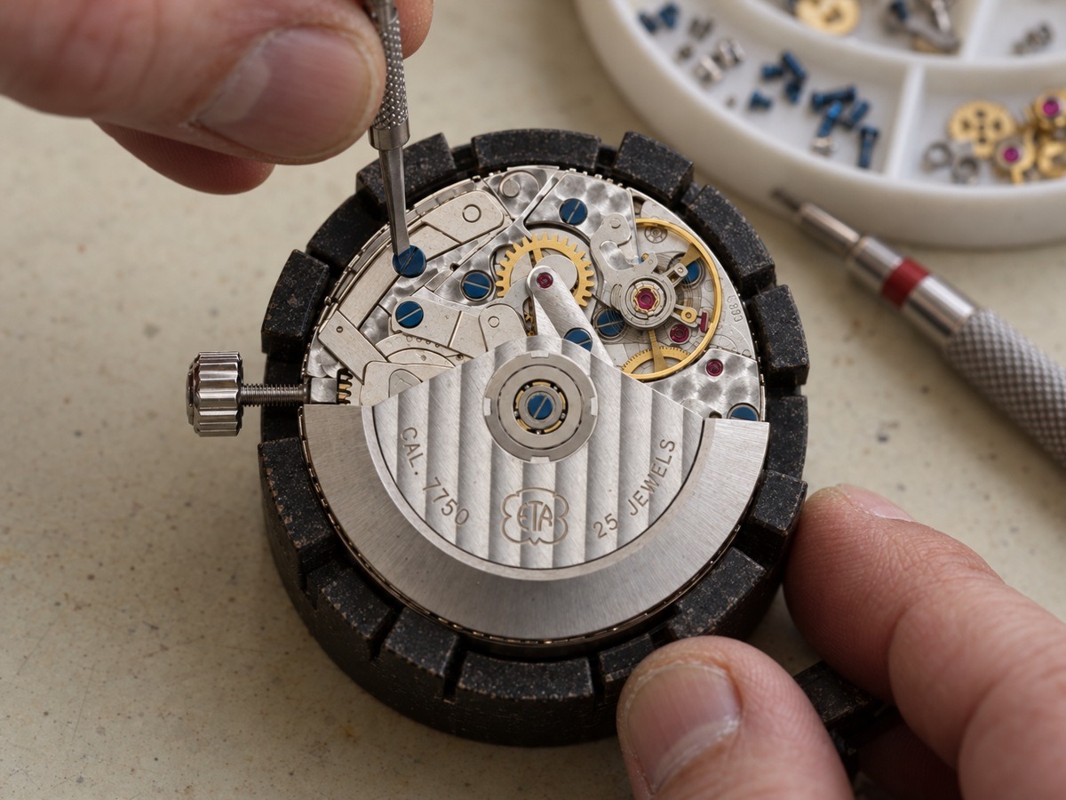 Uhrmacherarbeit an einem mechanischen Chronographenwerk