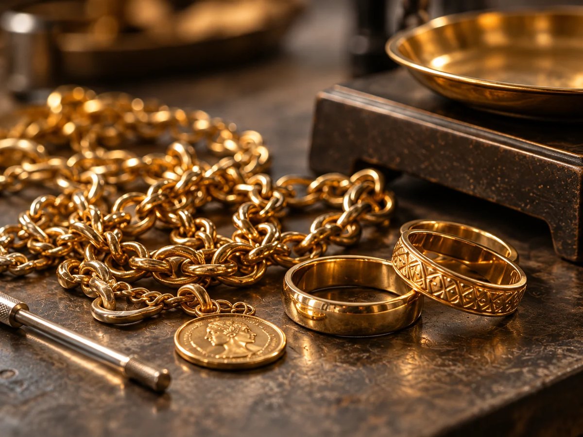 Goldschmuck neben einer Schmuckwaage